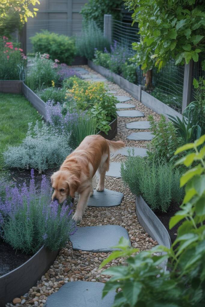 A golden retriever sniffing purple lavender plants along a curved flagstone pathway in a lush garden, aerial view showing the