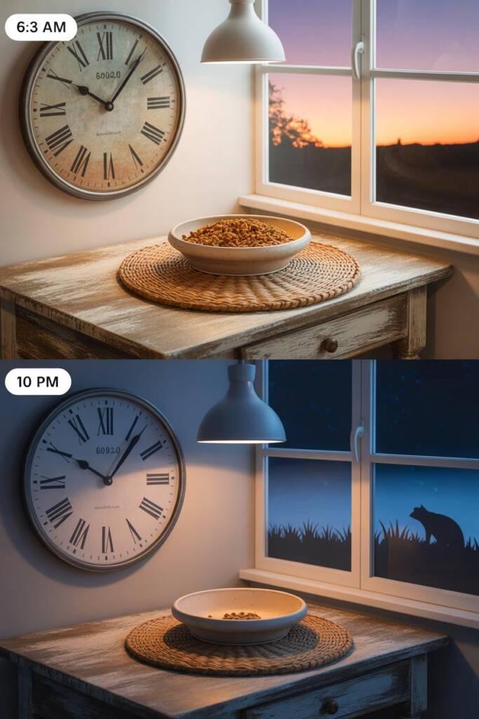 A Pinterest vertical collage with four sections: top shows a large clock face displaying 6:30 AM with sunrise colors (orange