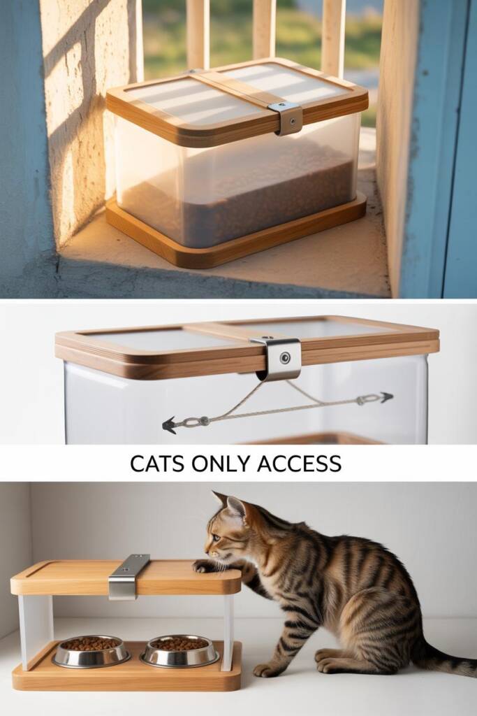A three-panel vertical collage: top shows a clear storage container with hinged lid, middle panel features close-up of bungee