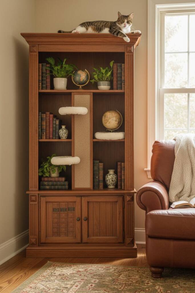 Classic wooden bookshelf design in rich cherry or walnut finish with crown molding and decorative baseboards, hinged cabinet