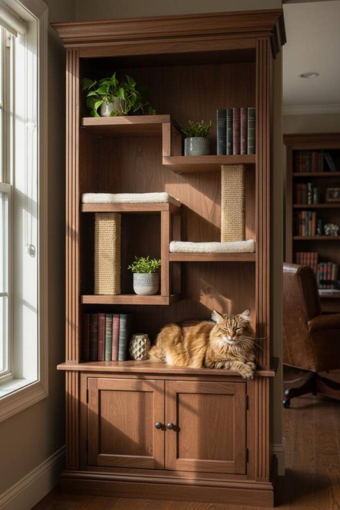 Classic wooden bookshelf design in rich cherry or walnut finish with crown molding and decorative baseboards, hinged cabinet
