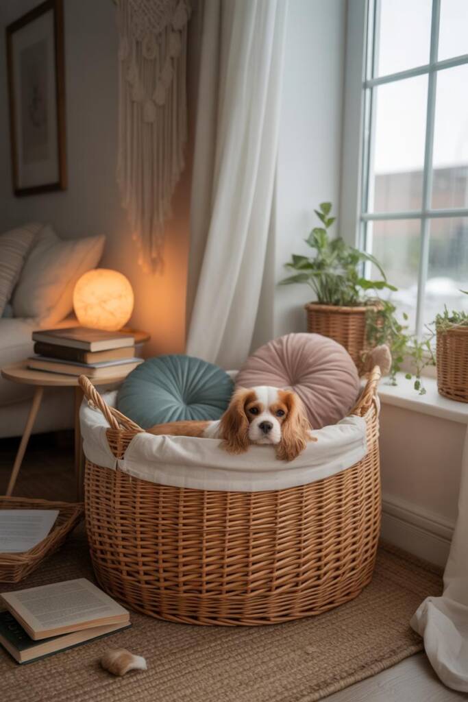 A cavalier king charles spaniel curled in a large natural wicker basket near a bright window. The basket lined with white can
