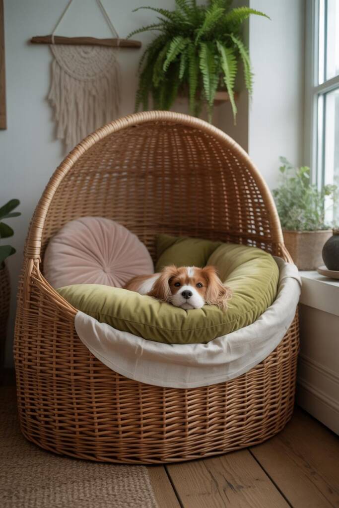 A cavalier king charles spaniel curled in a large natural wicker basket near a bright window. The basket lined with white can