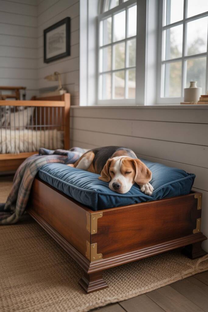 A beagle sleeping peacefully inside a refinished dark walnut wooden dresser drawer with felt pads underneath. The drawer is f