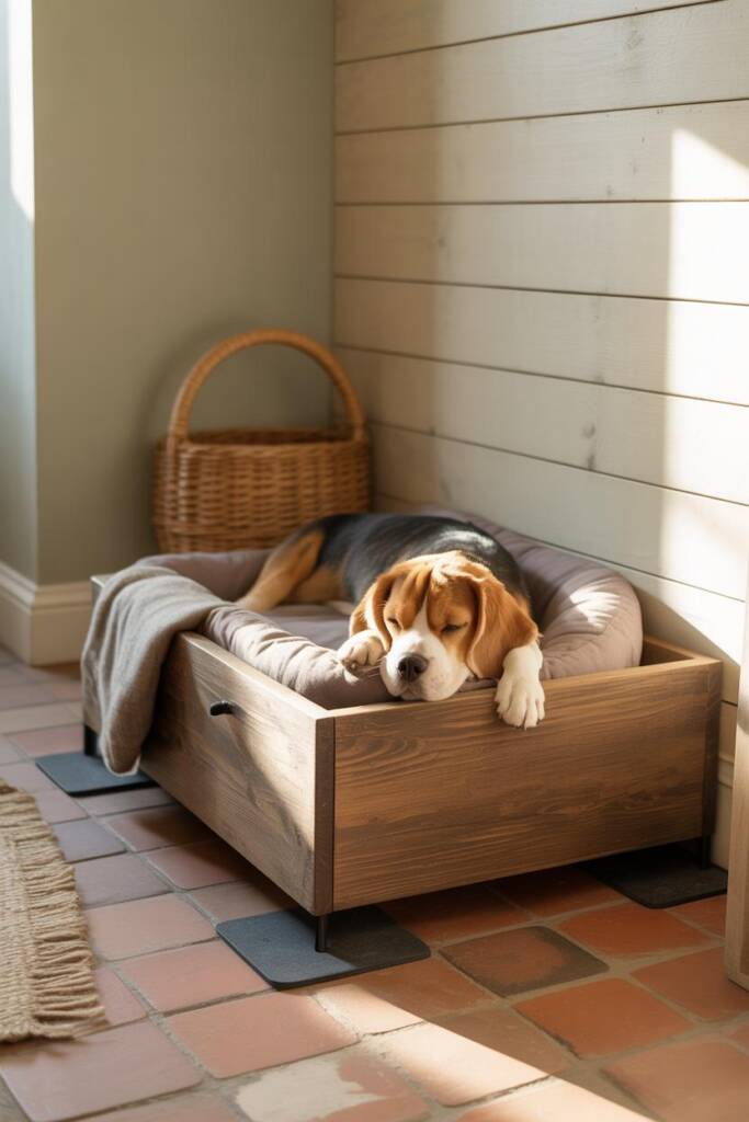 A beagle sleeping peacefully inside a refinished dark walnut wooden dresser drawer with felt pads underneath. The drawer is f