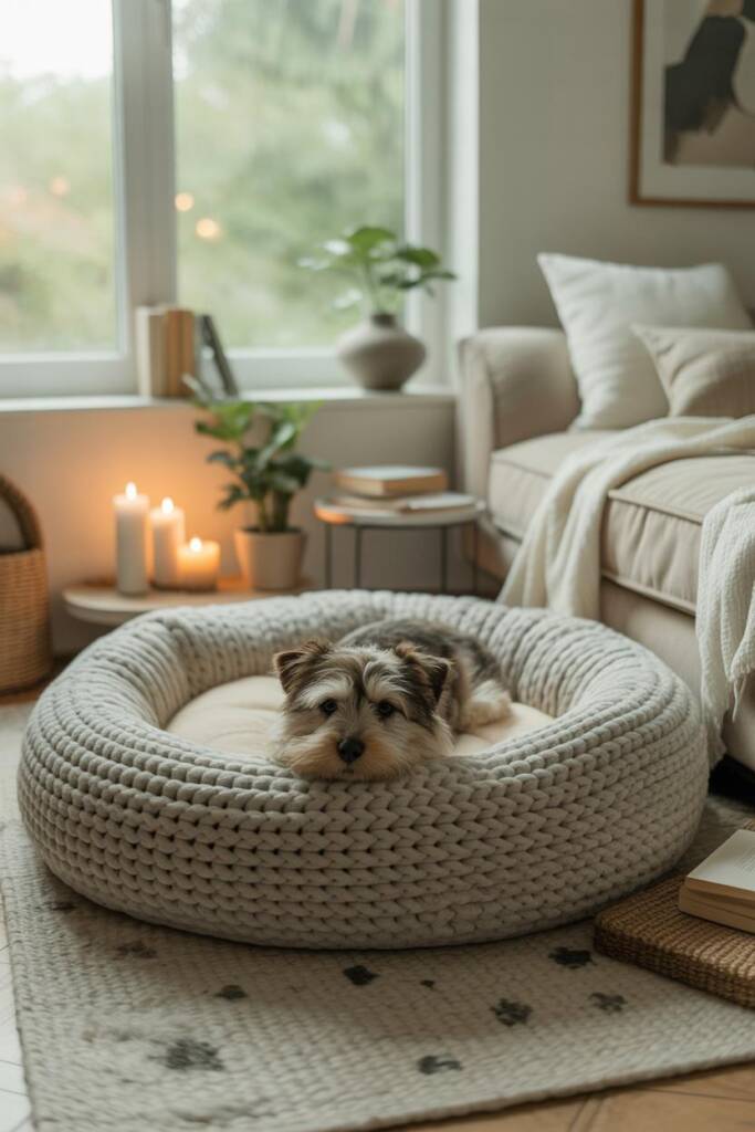 A small terrier mix snuggled in a chunky gray knit sweater transformed into a circular bolster bed. The stuffed sweater sleev