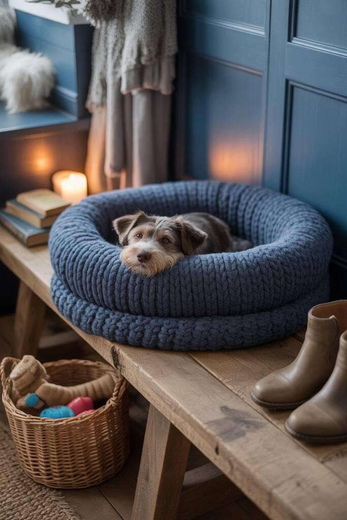 A small terrier mix snuggled in a chunky gray knit sweater transformed into a circular bolster bed. The stuffed sweater sleev