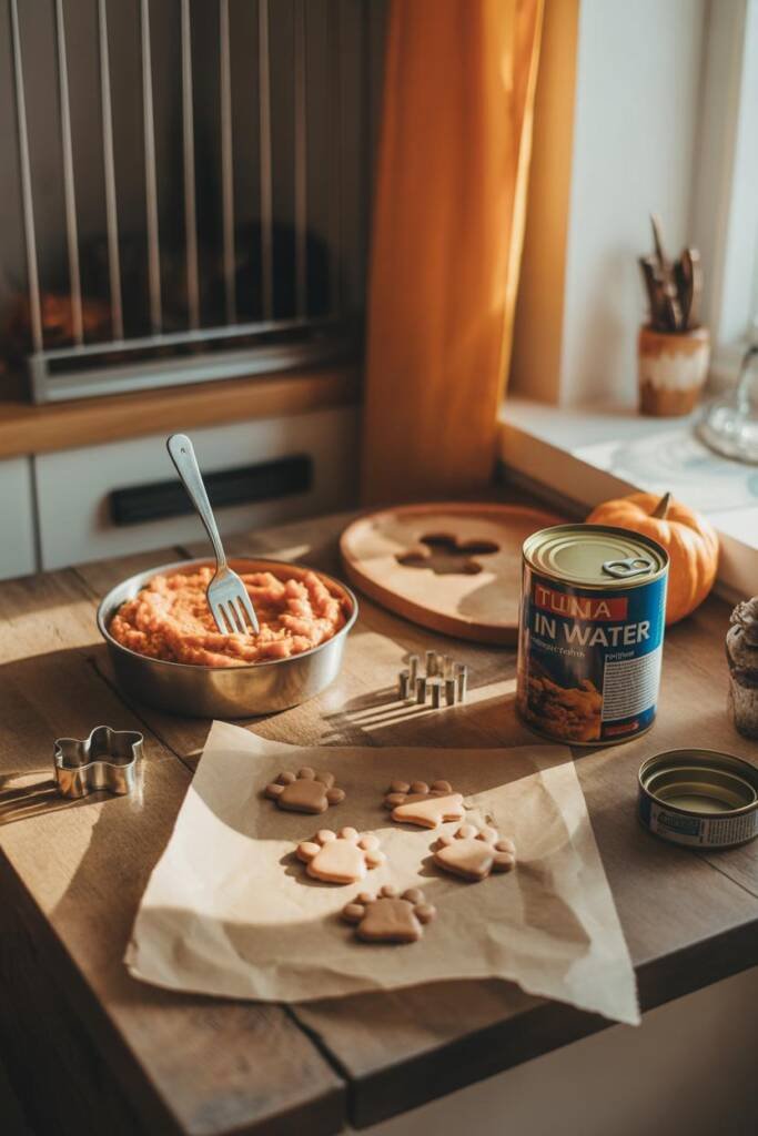 Rustic wooden surface with paw-shaped treats on parchment, a fork in mashed sweet potato, open tuna can marked “in water,” an