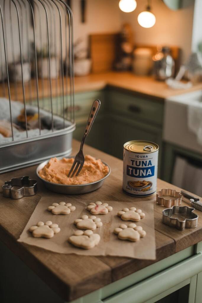 Rustic wooden surface with paw-shaped treats on parchment, a fork in mashed sweet potato, open tuna can marked “in water,” an