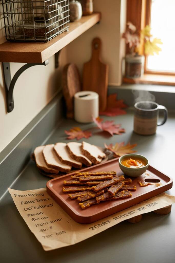 Cutting board with jerky strips, small bowl of pumpkin puree, roasted turkey breast slices, and parchment paper labeled “250°