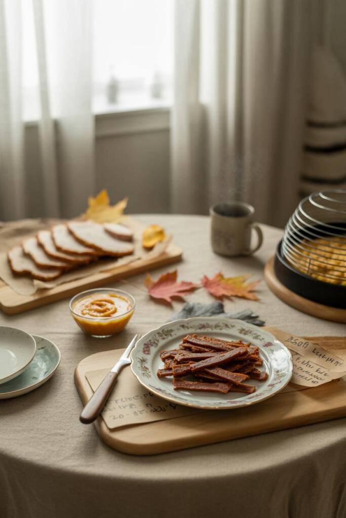 Cutting board with jerky strips, small bowl of pumpkin puree, roasted turkey breast slices, and parchment paper labeled “250°