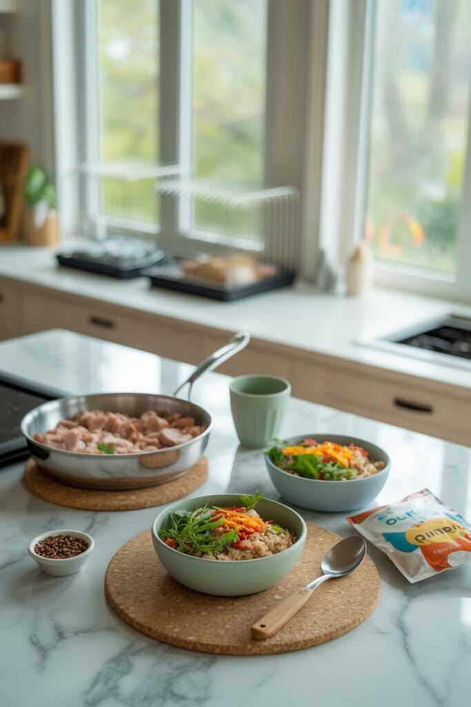 Split scene: skillet of plain ground turkey on trivet; two bowls: dog bowl with cooled turkey + plain quinoa; human bowl with