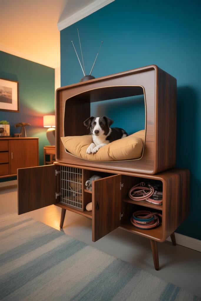 A border collie peeking out from inside a refinished walnut mid-century TV console with the screen opening now serving as ent