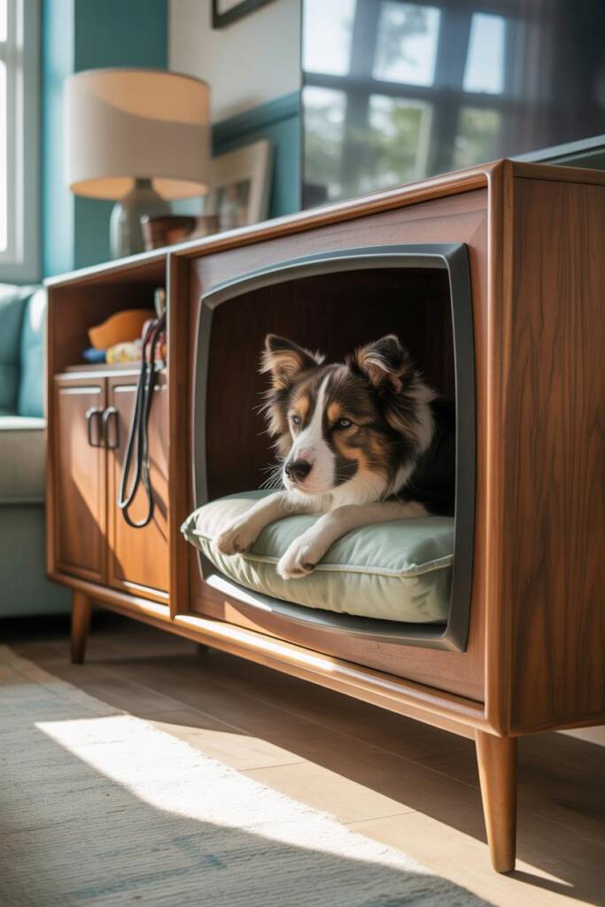 A border collie peeking out from inside a refinished walnut mid-century TV console with the screen opening now serving as ent