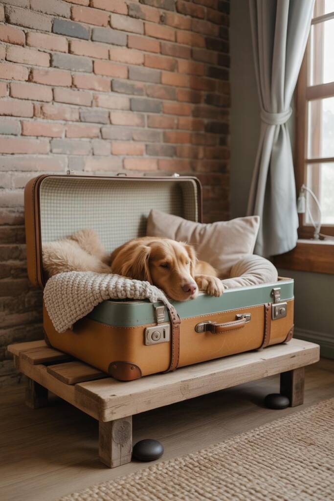 A cozy golden retriever curled up inside a mint green vintage leather suitcase lined with plush cream cushions and a soft kni