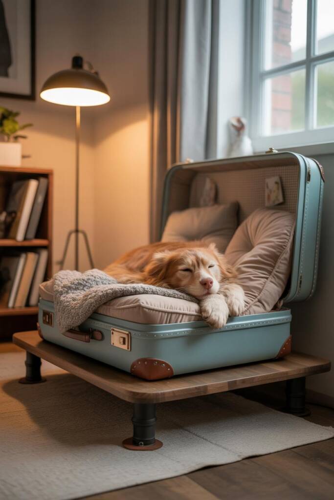 A cozy golden retriever curled up inside a mint green vintage leather suitcase lined with plush cream cushions and a soft kni