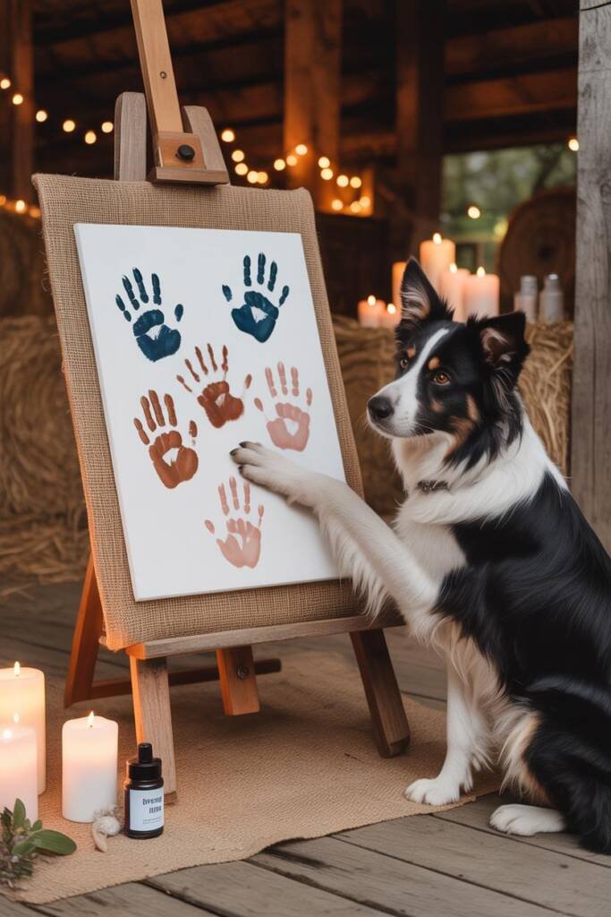 A German shepherd having their paw gently pressed onto a white canvas alongside the bride and groom's handprints in navy blue