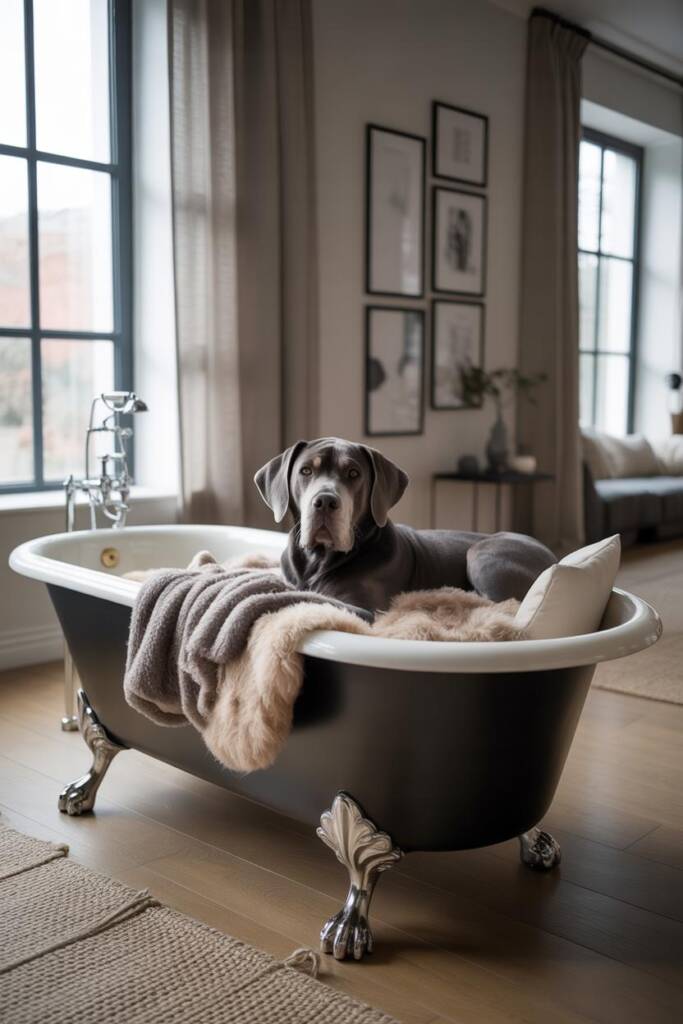 A great dane lounging in a pristine white claw-foot bathtub filled with layered gray and cream blankets. The ornate brass fee