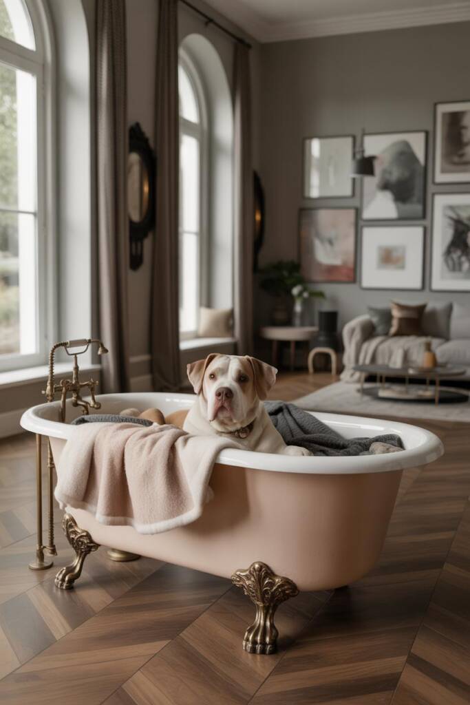 A great dane lounging in a pristine white claw-foot bathtub filled with layered gray and cream blankets. The ornate brass fee