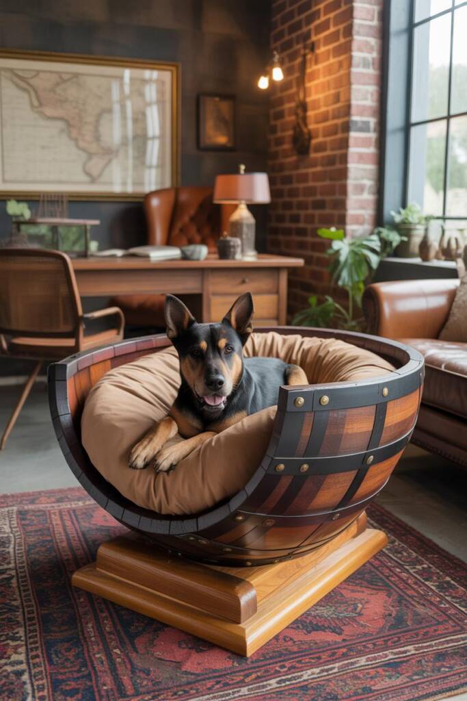 A German shepherd lying comfortably in half a wine barrel filled with a thick memory foam cushion covered in tan fabric. The