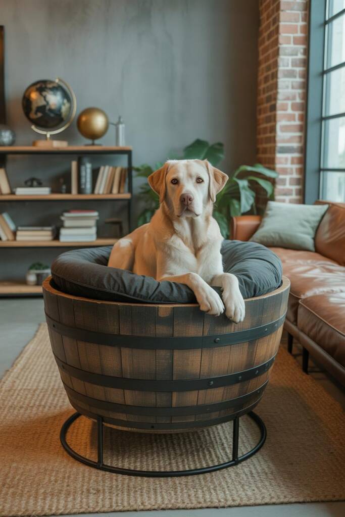 A German shepherd lying comfortably in half a wine barrel filled with a thick memory foam cushion covered in tan fabric. The