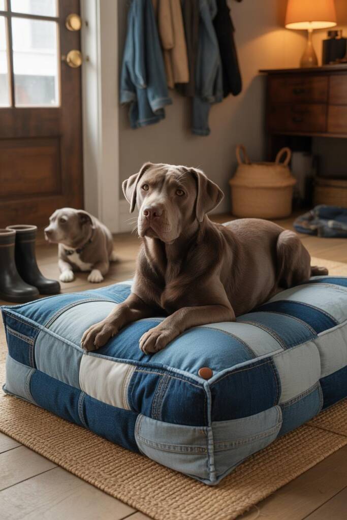 A pit bull terrier resting on a thick rectangular floor cushion made from patchwork denim in various blue shades. Visible dec