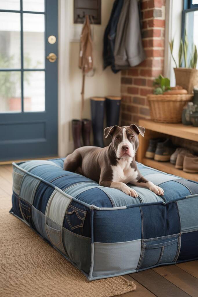 A pit bull terrier resting on a thick rectangular floor cushion made from patchwork denim in various blue shades. Visible dec
