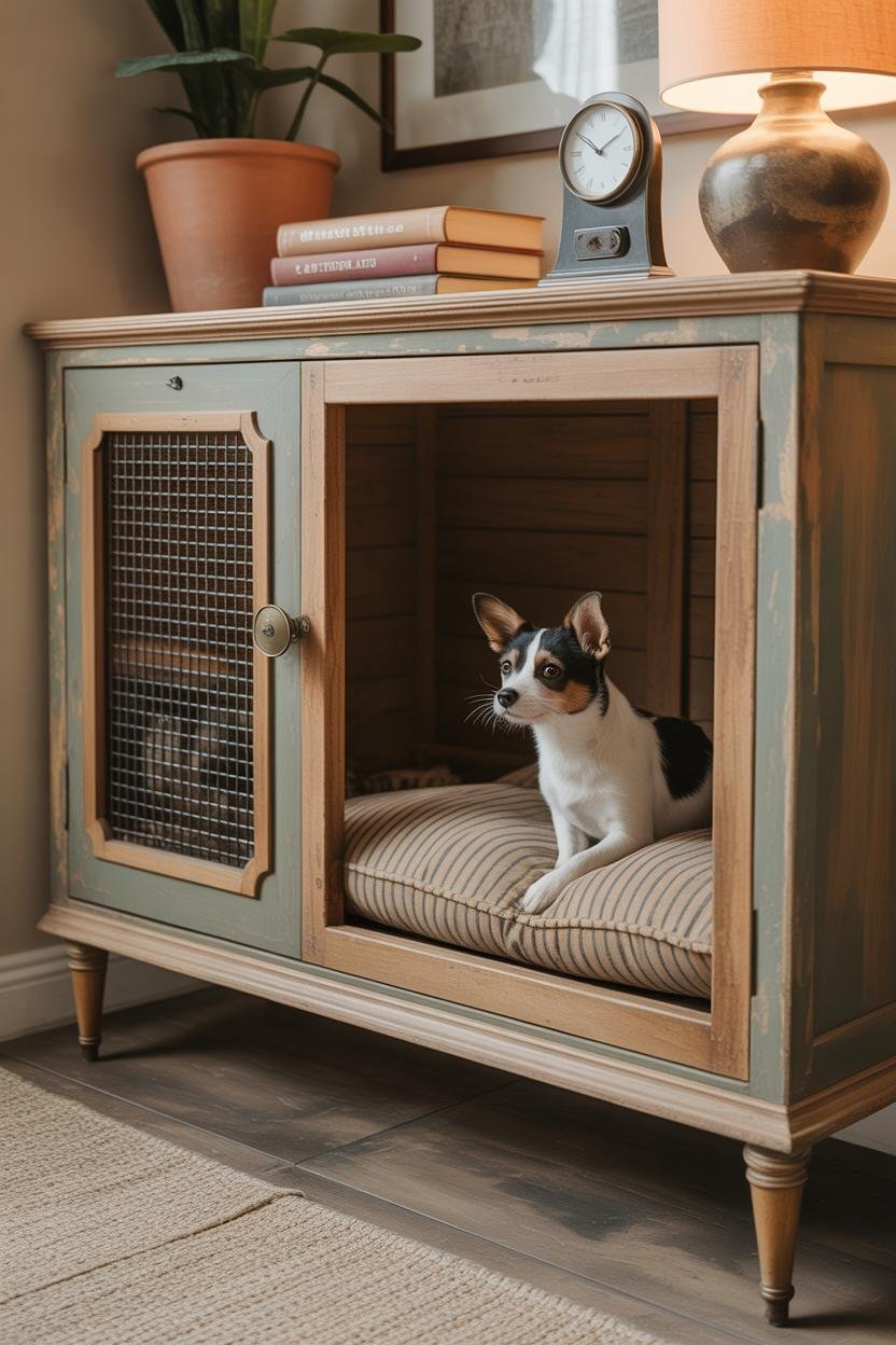 Vertical 2:3, vintage sideboard repurposed as a pet crate: front panel with brass mesh grille, milk-paint sage finish with su