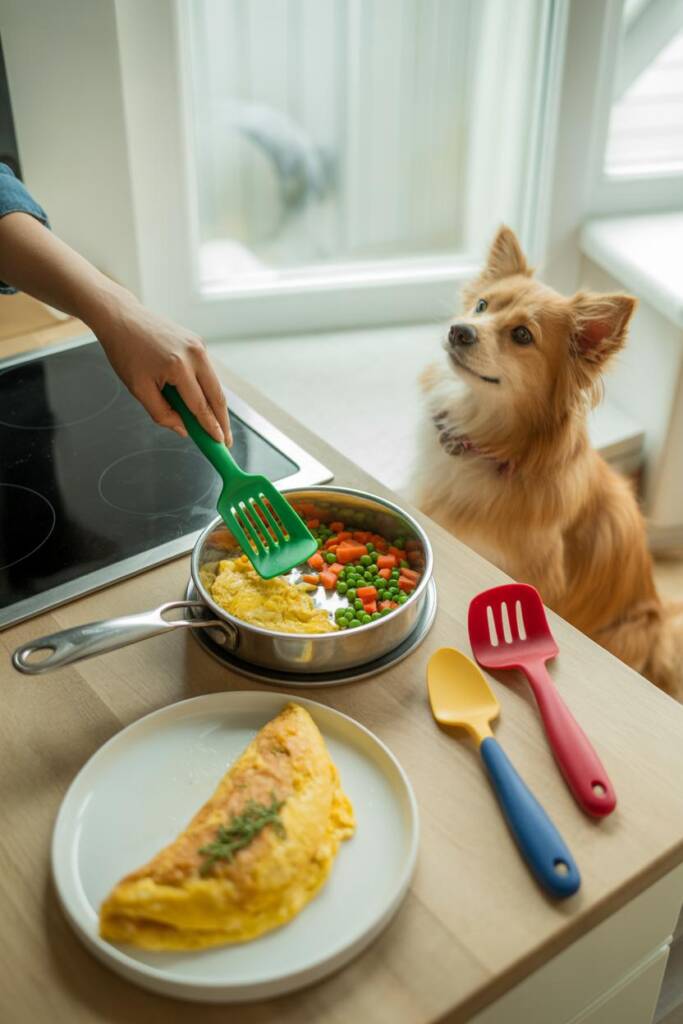 Countertop layout: non-stick pan with soft scrambled eggs being portioned into a stainless dog bowl (with chopped spinach/zuc