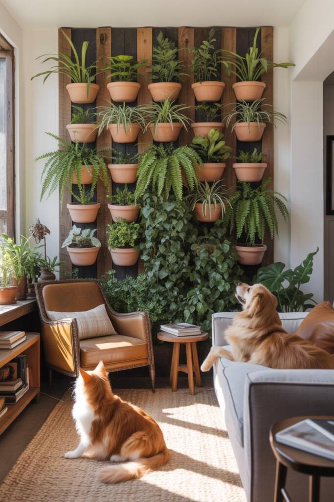 A modern living room featuring a stunning vertical garden mounted on a white wall above a grey sofa, with modular pockets con