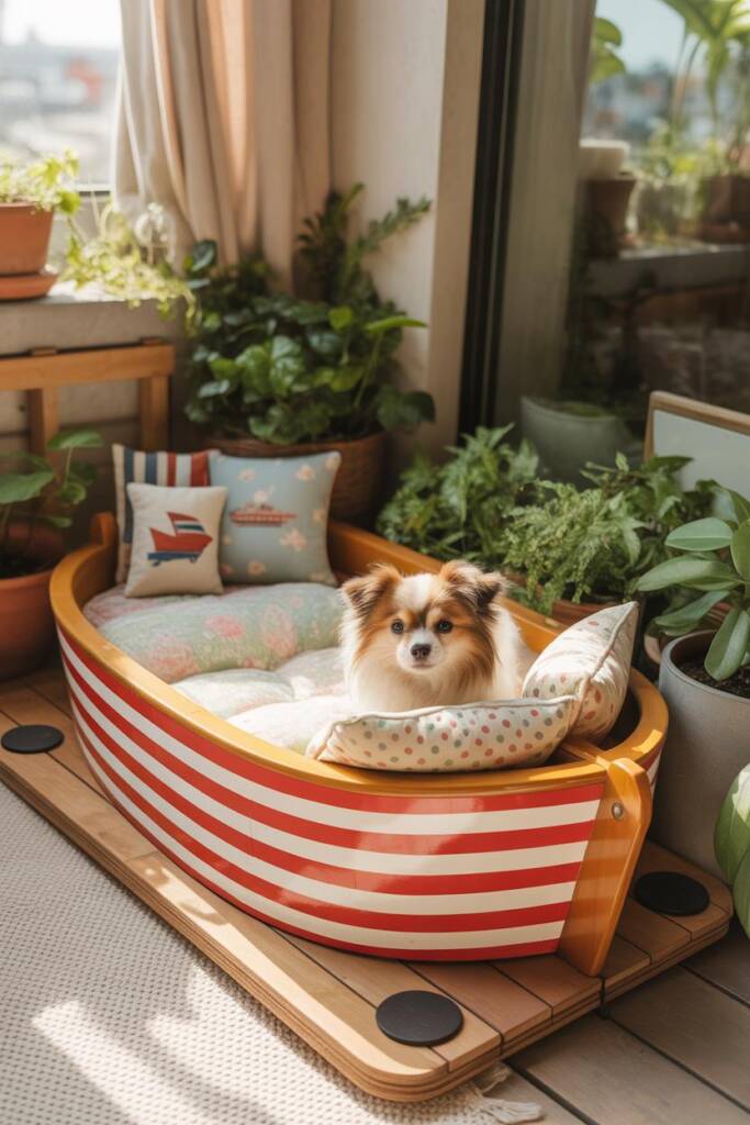 A cheerful vintage toy boat in bright red and white stripes with classic graphics, sized perfectly for a small Pomeranian who