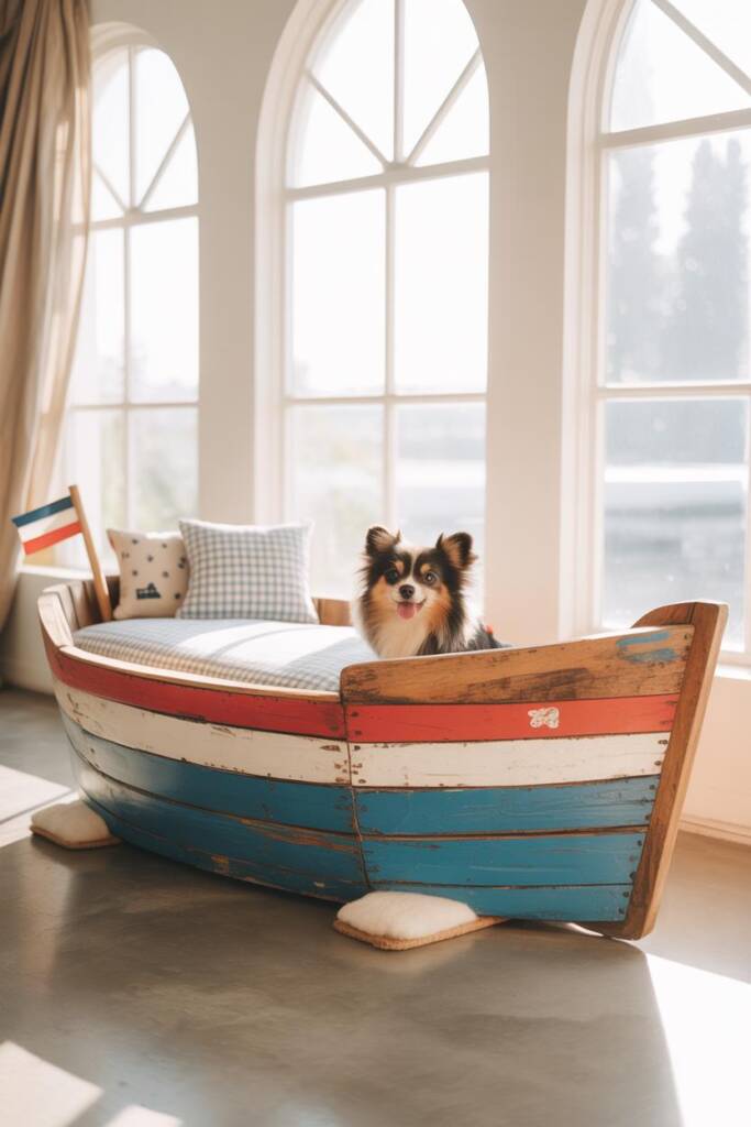A cheerful vintage toy boat in bright red and white stripes with classic graphics, sized perfectly for a small Pomeranian who