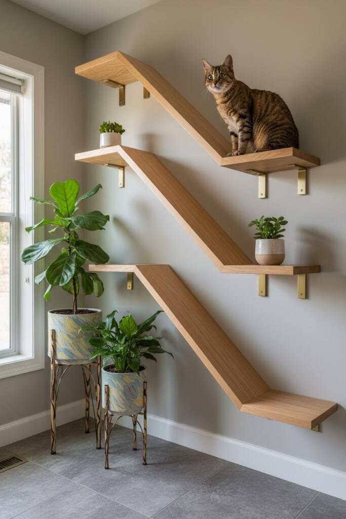 Staggered dark walnut wood floating shelves mounted on white wall in diagonal rambling pattern with Van Gogh's characteristic