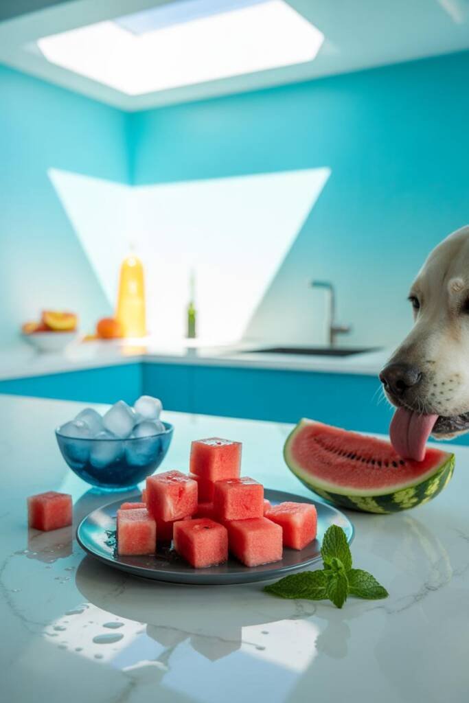 A bright, summery flat-lay featuring perfectly cubed bright pink watermelon pieces arranged on a white ceramic plate against