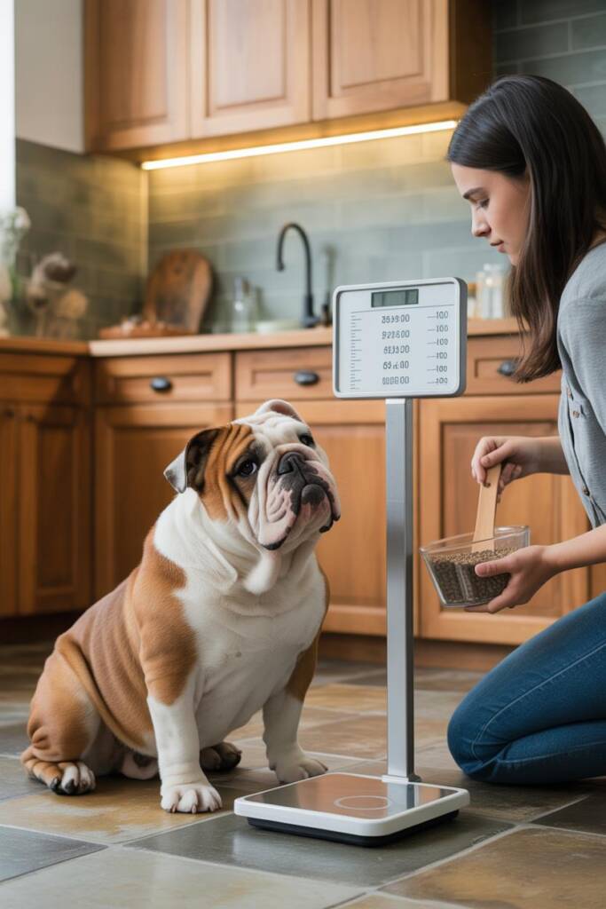 A slightly overweight English Bulldog standing on a modern digital scale in a bright veterinary office, with a concerned owne