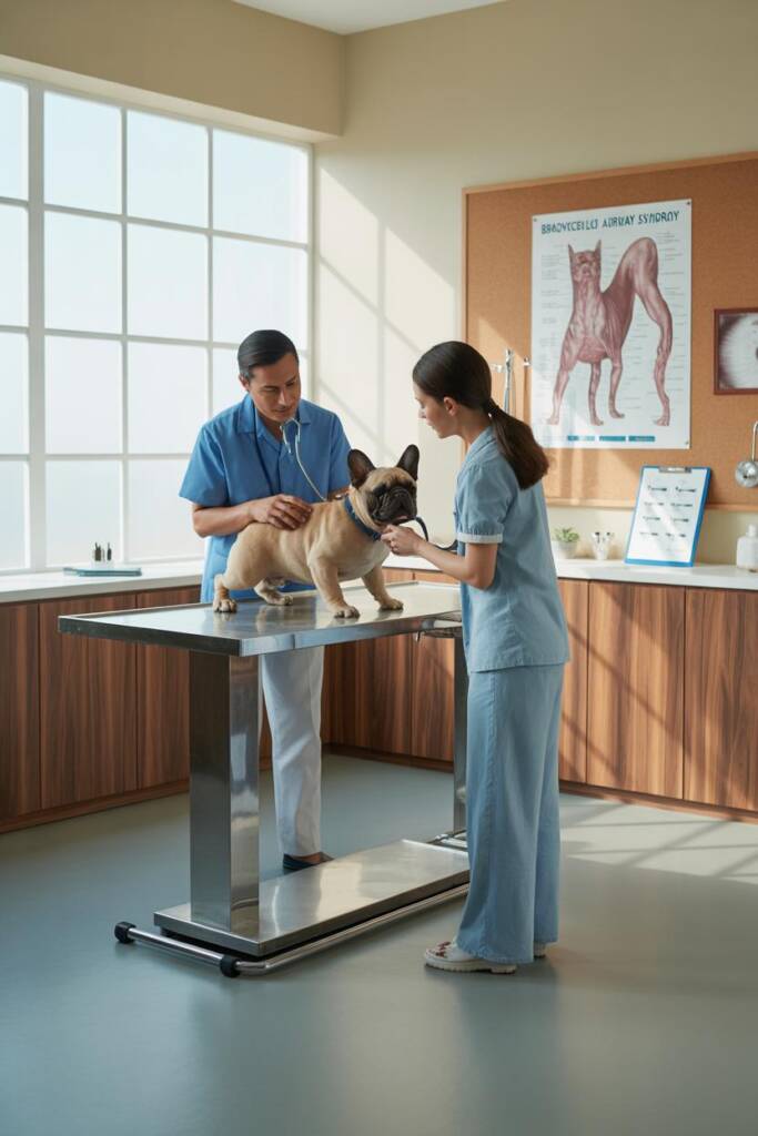Compassionate veterinary consultation scene with English Bulldog on examination table, experienced vet using stethoscope to l