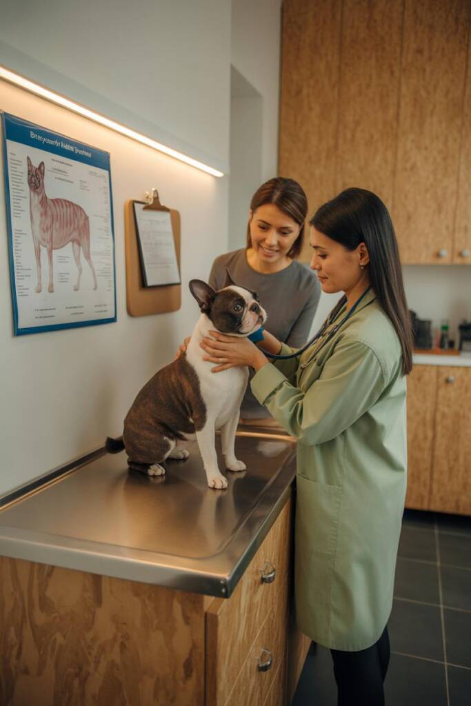 Compassionate veterinary consultation scene with English Bulldog on examination table, experienced vet using stethoscope to l