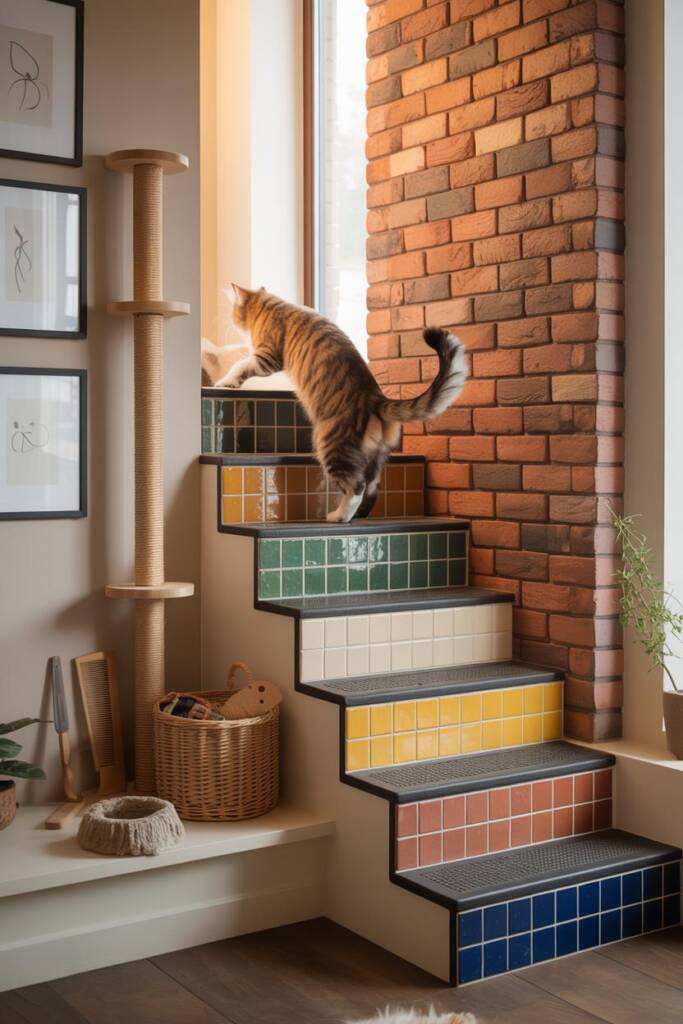 Wall-mounted staggered step platforms faced with hand-painted ceramic tiles in cobalt, lemon yellow, and burnt orange; matte