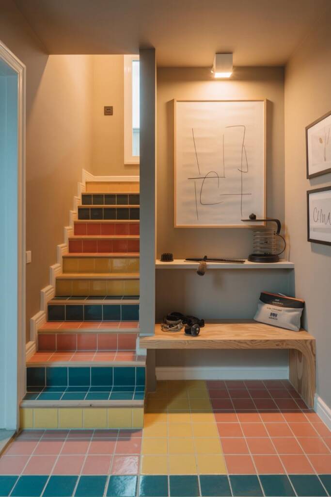Wall-mounted staggered step platforms faced with hand-painted ceramic tiles in cobalt, lemon yellow, and burnt orange; matte