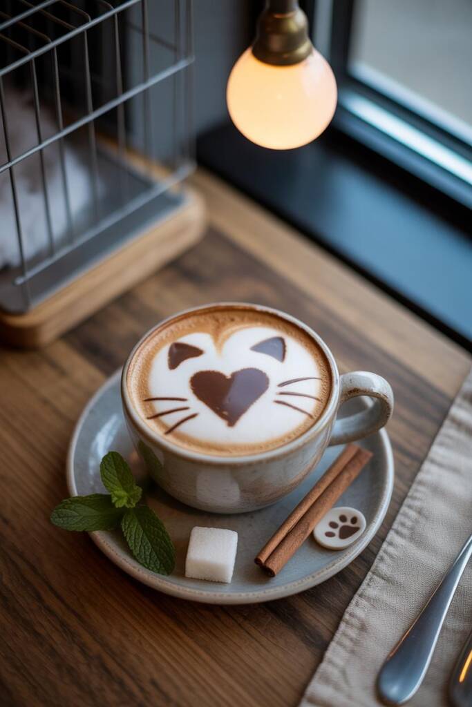 Top-down photo of a ceramic latte cup on a warm wood table; crisp white heart in microfoam with chocolate-drawn cat ears and