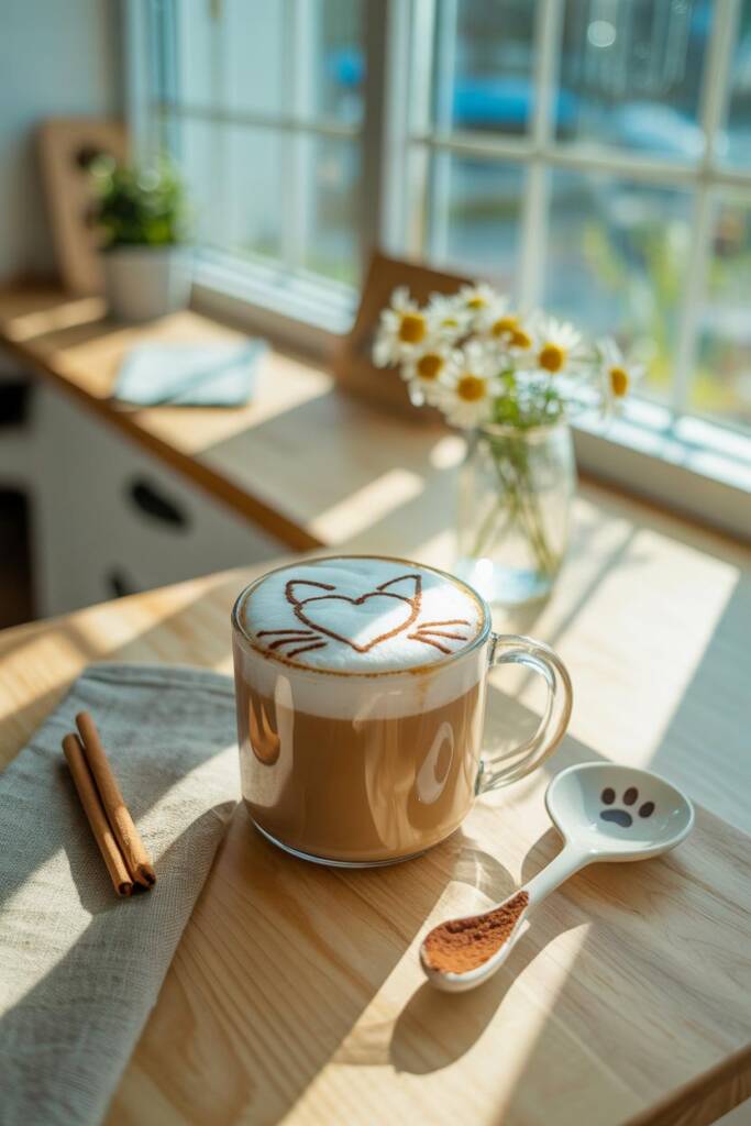 Top-down photo of a ceramic latte cup on a warm wood table; crisp white heart in microfoam with chocolate-drawn cat ears and