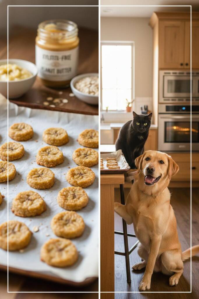 A baking sheet lined with parchment paper displaying rows of small, golden-brown banana dog treats with fork impressions on t