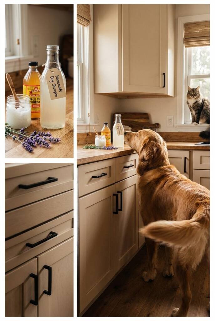 Kitchen counter with a bottle of homemade castile-soap dog shampoo, ingredients like coconut oil, ACV, and lavender laid neat