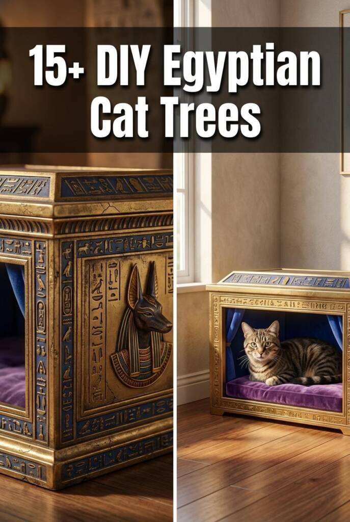 Pinterest vertical 2:3 ratio. Ornate rectangular cat bed designed as miniature Egyptian sarcophagus in rich gold and deep blu