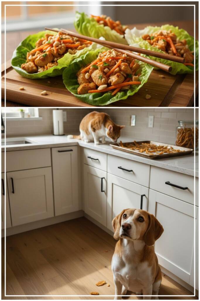 Fresh bright composition: front center shows vibrant butter lettuce cups filled with diced chicken, shredded carrots, and cru