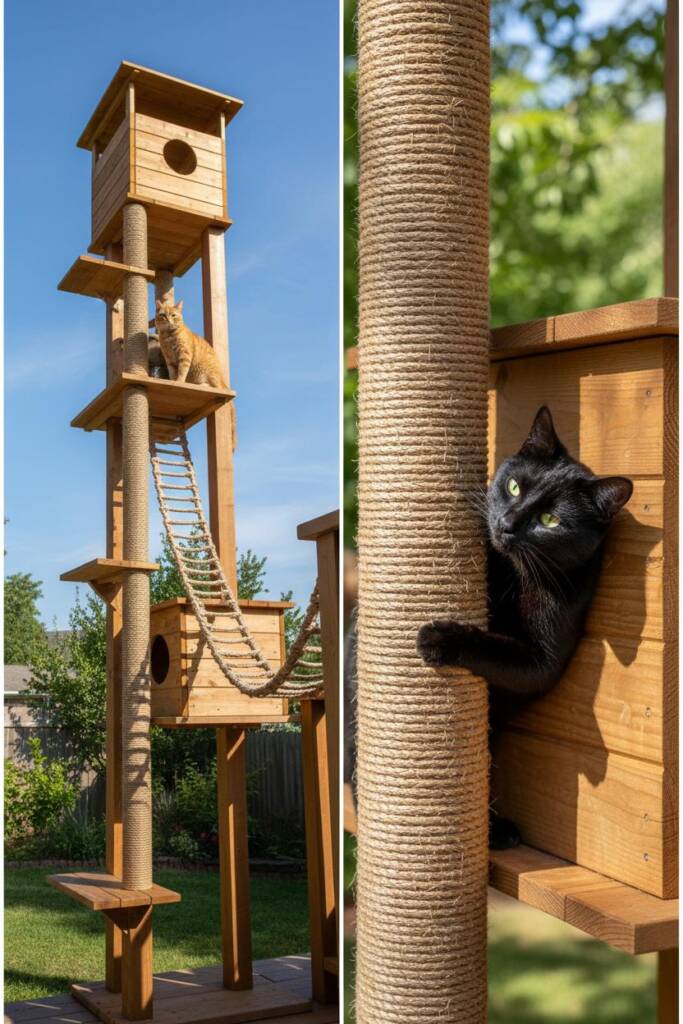 DIY cat treehouse tower resembling a tall wooden adventure fort: an impressive 10-foot-tall vertical structure made of pressu