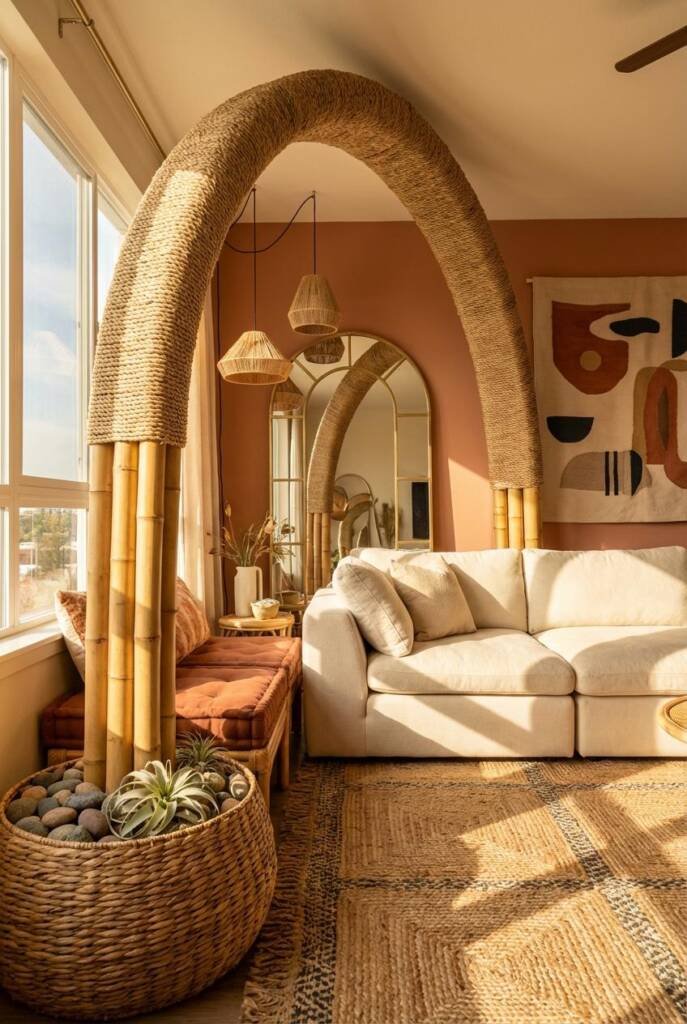 Open concept boho apartment with breathtaking bamboo arch gateway sculpture (9 feet tall, 6 feet wide) - thick architectural