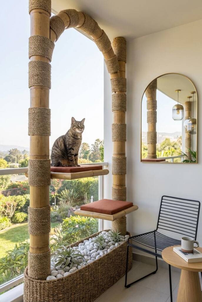 Open concept boho apartment with breathtaking bamboo arch gateway sculpture (9 feet tall, 6 feet wide) - thick architectural