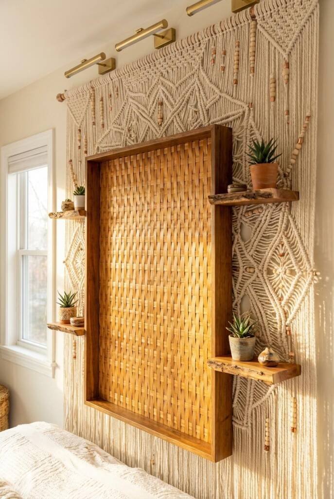 Boho bedroom wall with museum-quality bamboo and macramé art installation - large bamboo woven panel (42x54 inches) in deep s