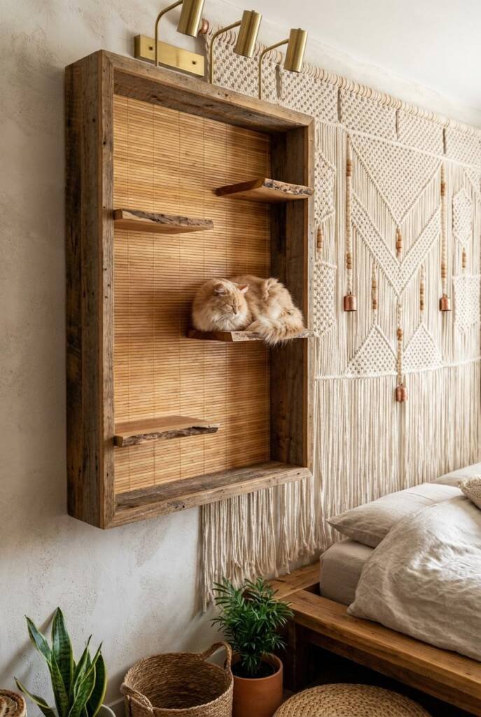 Boho bedroom wall with museum-quality bamboo and macramé art installation - large bamboo woven panel (42x54 inches) in deep s